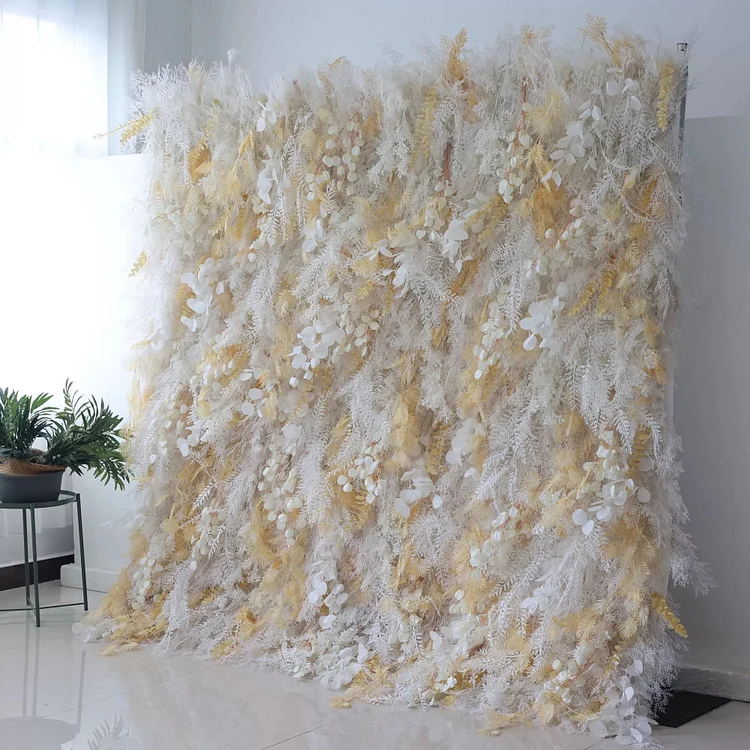 Presents: Golden Gossamer Dreams &ndash; A Luminous Artificial Fabric Flower Wall Intertwined with Gilded Petals-VF-208-3