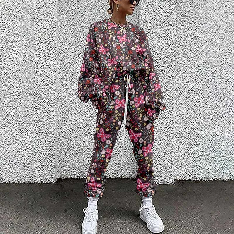 Breakj Tracksuit Two Piece Pullovers Cloting Long Sleeve Tie-dye Print Female Tops And Elastic Waist Pants Slim Casual Streetwear 217-1