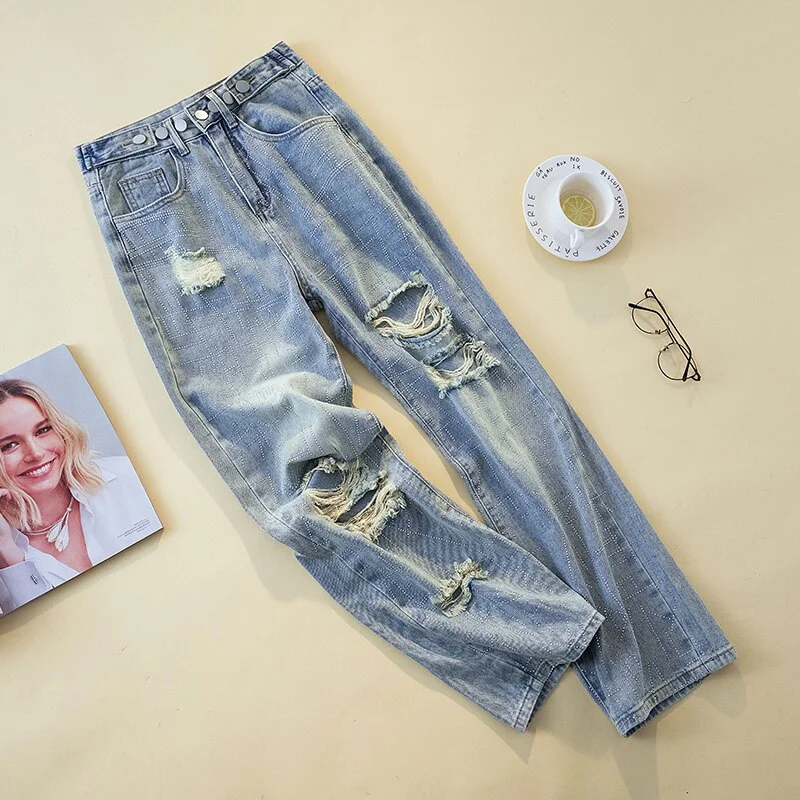 Ripped Rhinestones Jeans Woman Summer Wide Leg Denim Pants Ladies Holes Loose Casual Jeans Trousers Pantalones Mujer Street Wear