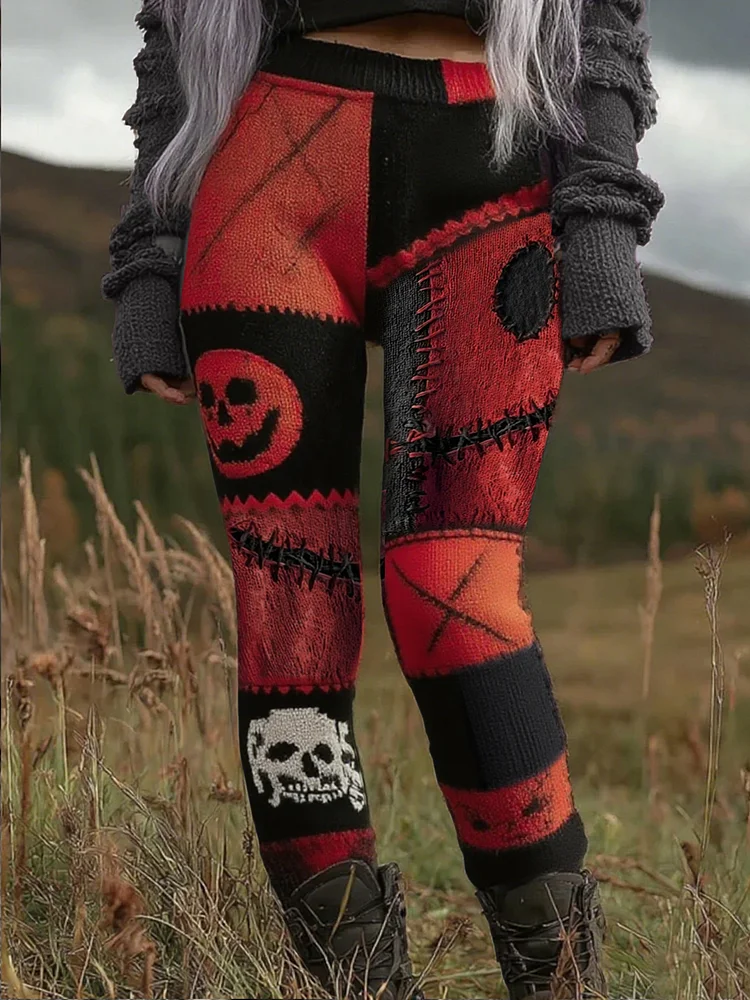 Women's Autumn and Winter Halloween Retro Three-Dimensional Sweater Textured Dark Skull Ripped Stitching Printed Holiday Pants 