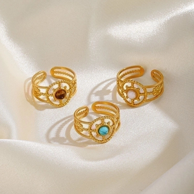 304 Stainless Steel 18K Gold Plated IG Style Plating Inlay Geometric Natural Stone Open Ring
