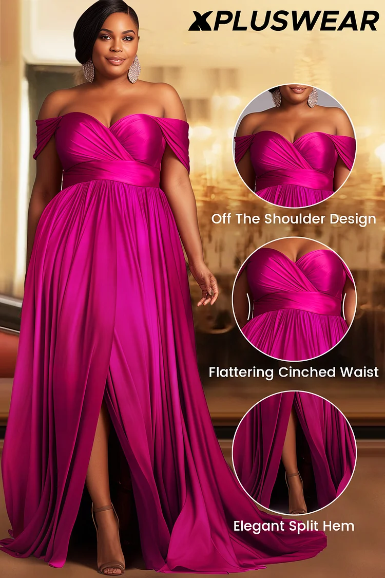 Xpluswear Design Plus Size Formal Magenta Off The Shoulder Cap Sleeve Split Crinkle Chest Satin Maxi Dresses Xpluswear