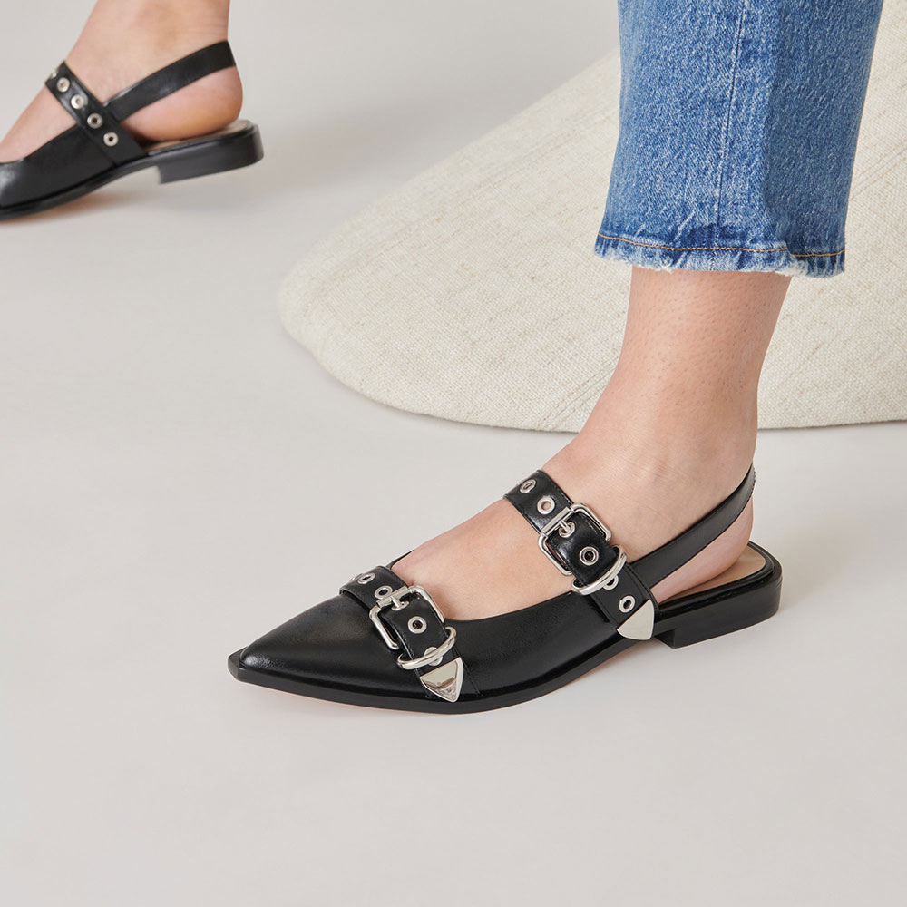 Black Vegan Leather Pointed Toe Flat Studded Slingback Strappy Shoes Nicepairs