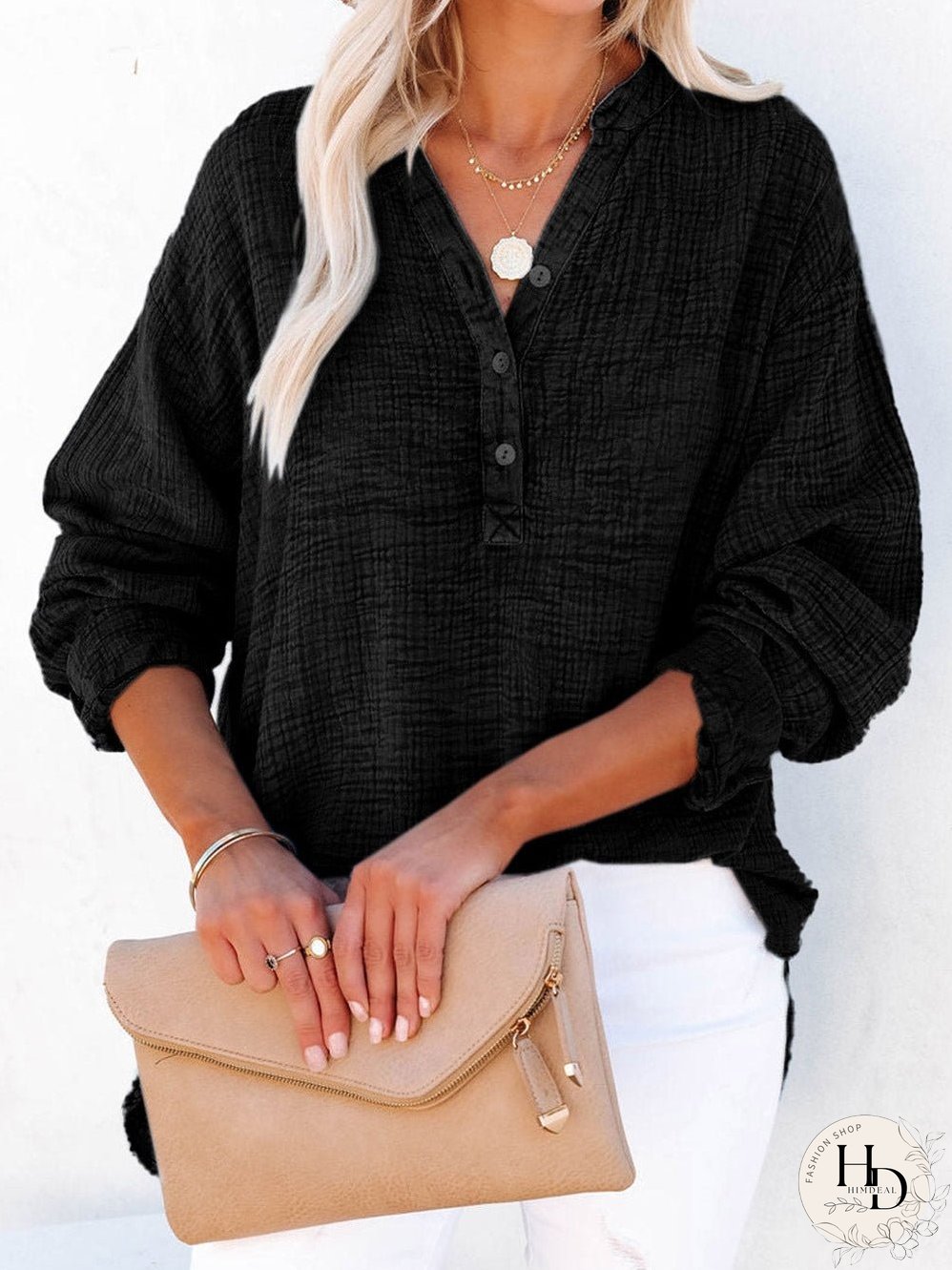 Crinkled Black Loose-fit V-Neck Henley Top