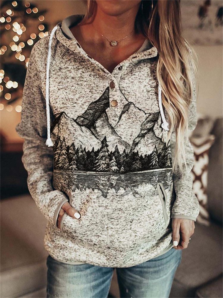 Vefave Mountains Landscape Reflection Art Button Up Hoodie