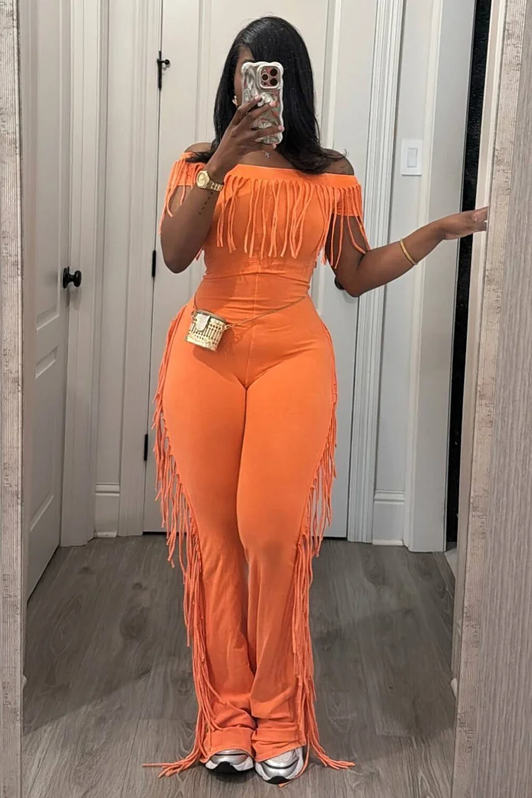 Fringed Trim Boat Neck Solid Color Slim Fit Jumpsuit-Orange