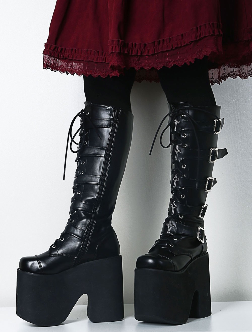 Women black gothic thick platform chunky high heel buckles strap lace-up knee high boots