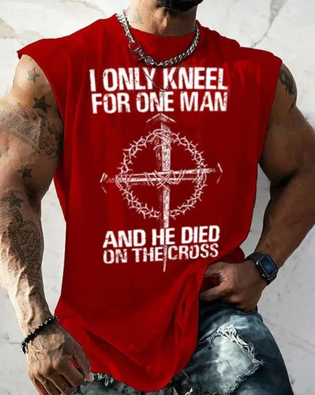 Men's Casual "I Only Kneel For One Man And He Dies On The Cross" Print Tank Top at Hiphopee