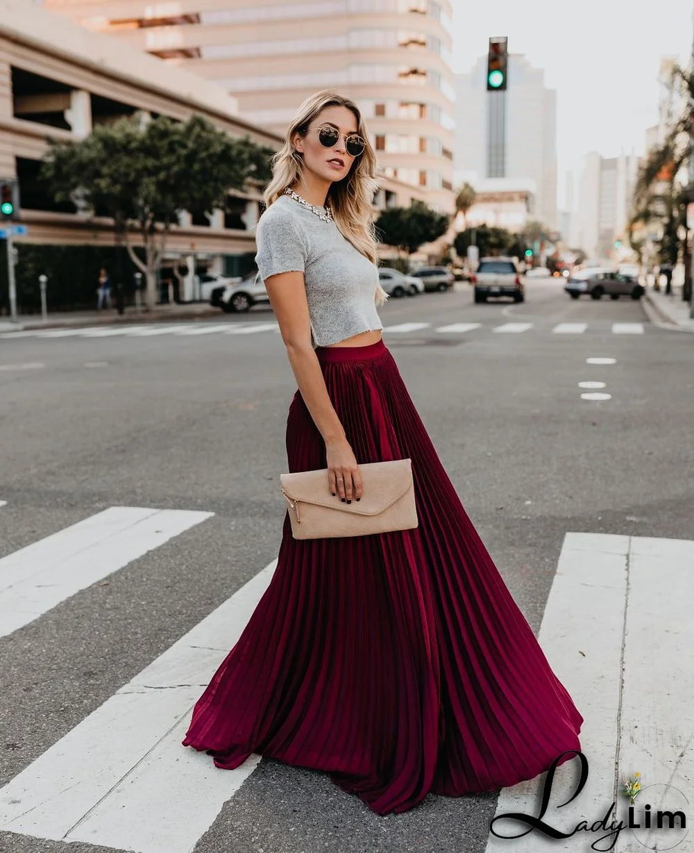 Elegant Solid Color Plus Size High Waist Women's Pleated Long Skirt