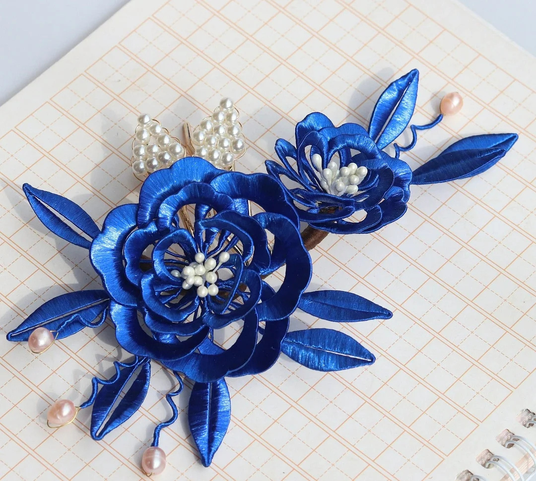 Silk Wrapped Flowers Pearl Hairpin Hanfu Headdress