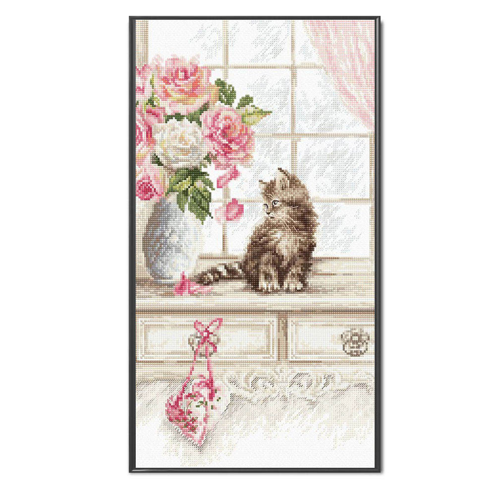 

Rose Vase and Cat - 11CT Counted Cross Stitch - 40*70CM (Big Size), 501 Original