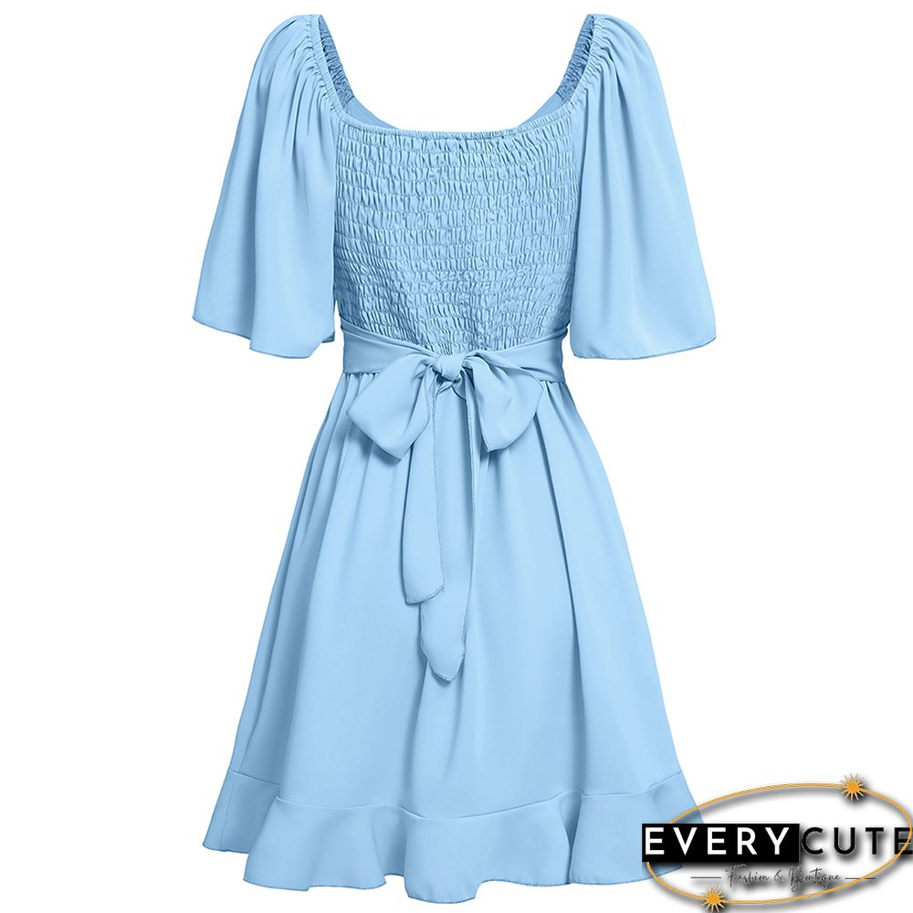 Light Blue V Neck Slim Waist Short Sleeve Mini Dress