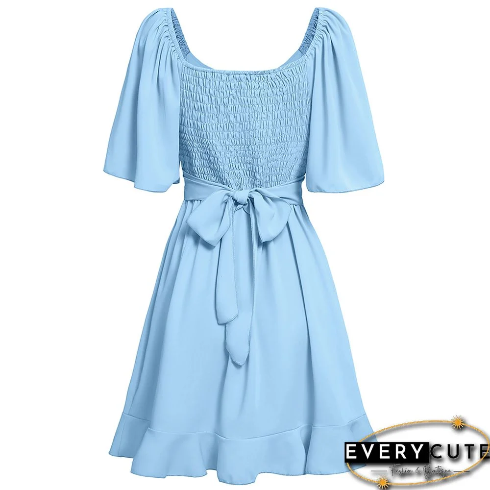 Light Blue V Neck Slim Waist Short Sleeve Mini Dress