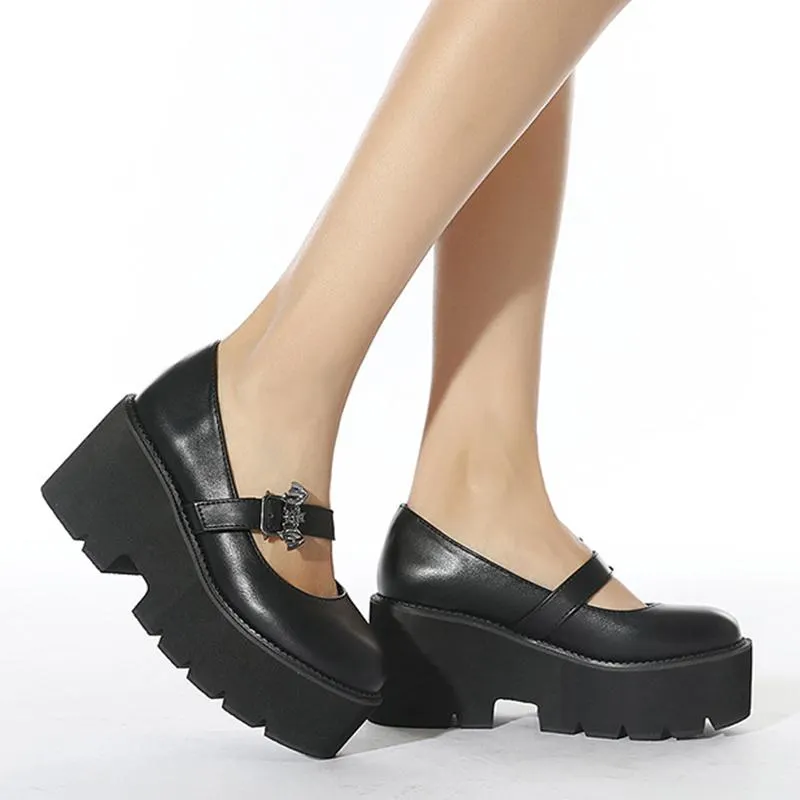 2021 Leather Sweet Women Platform Mary Jane Shoes Solid Color Casual Females Pumps Wedges Buckle Chunky Shoes for Ladies