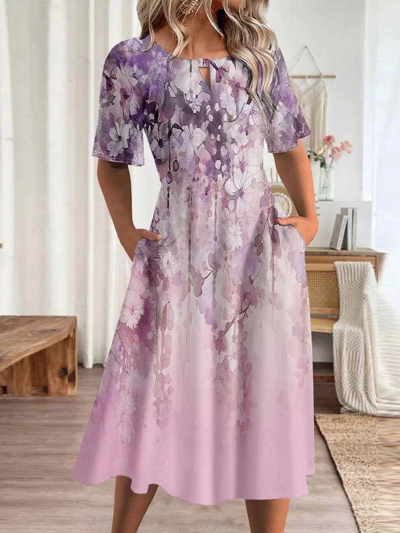 Women Floral,Pink DZHA8109 Short Sleeve Scoop Neck Graphic Printed Hollow Midi Dress