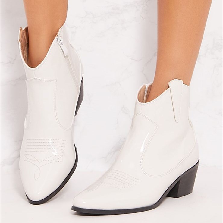 White Chunky Heel Western Boots Zipper Ankle Boots