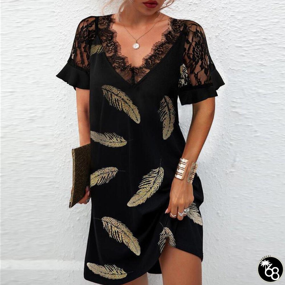 Lace Personalized Printing V-neck Dress | 168DEAL