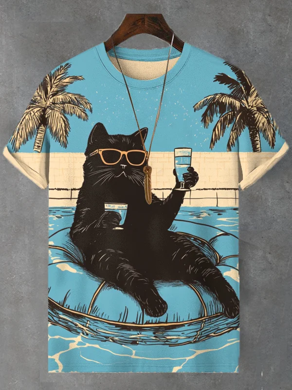 Men's Swimming Pool Black Cat Print Vacation T-Shirt