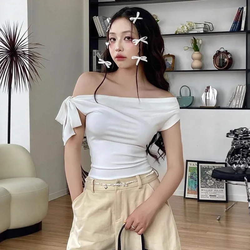 Women's White One-Shoulder Tie Knot Top - Slim Fit Asymmetrical Crop Blouse