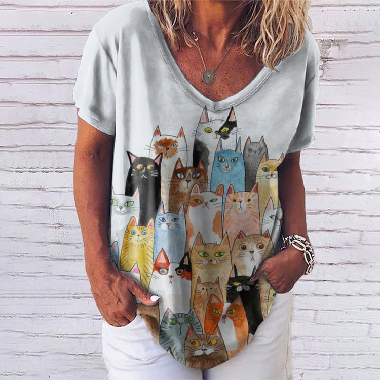 Artwishers V-Neck Cat Print T-Shirt