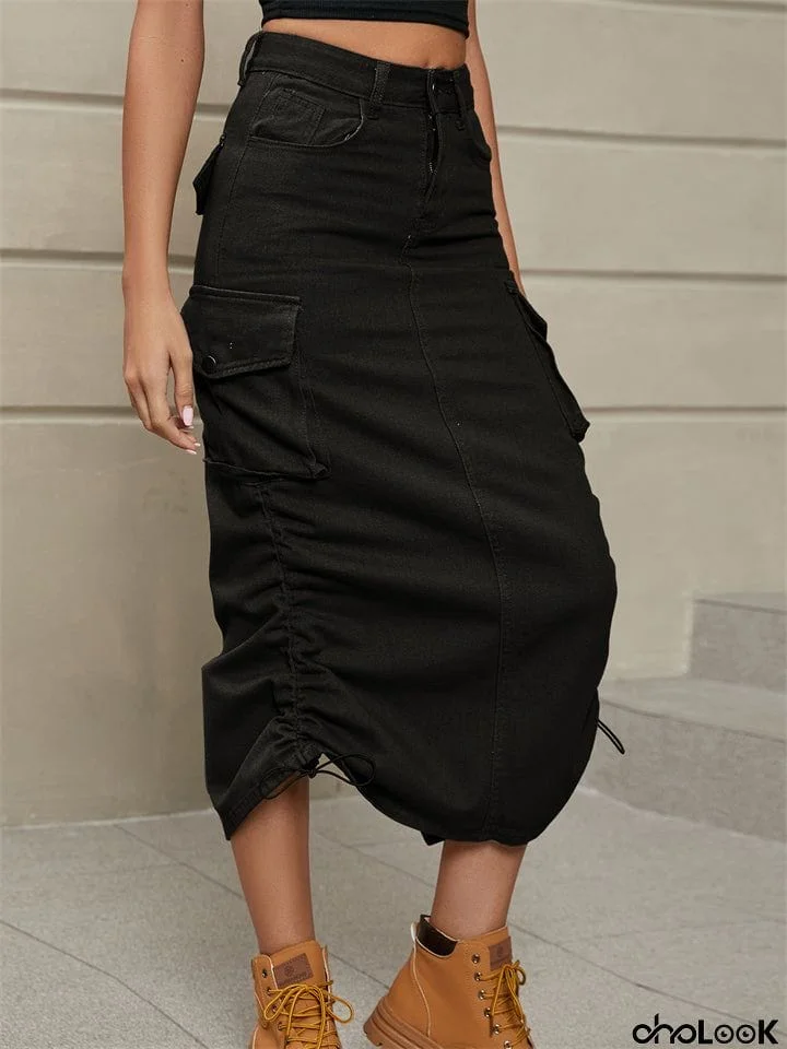 Casual Trendy Mid Length Denim Pockets Skirts for Ladies