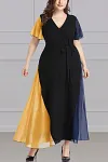 Plus Size Chiffon Party Dress With V-Neck Lace Short-Sleeved Maxi Dress