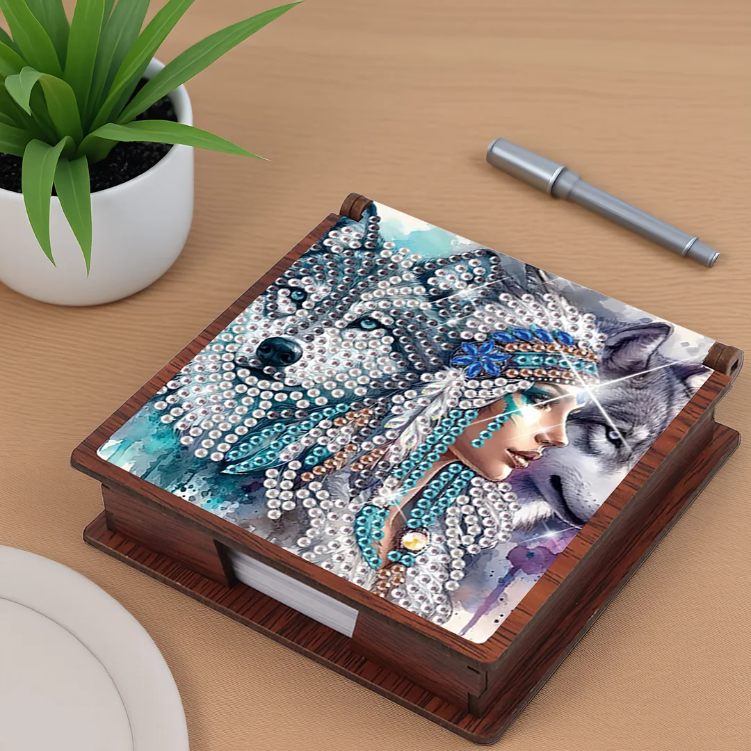 Wooden DIY Indian Wolf Diamond Painting Kit Note Box with 160 Papers for Office