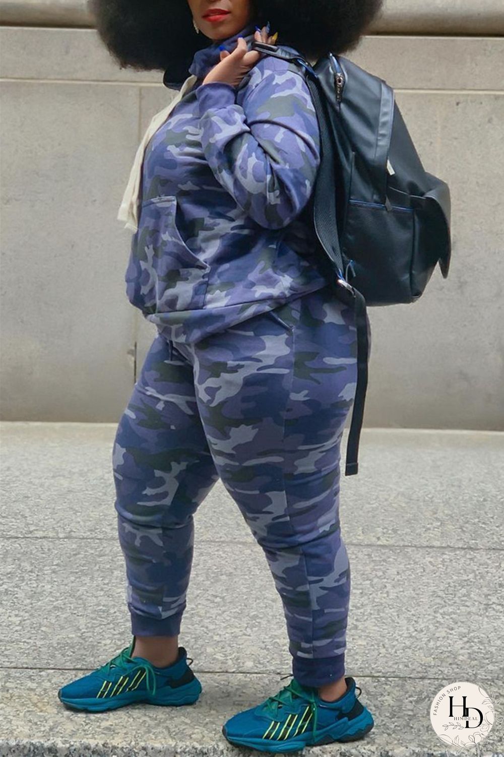 Camouflage Fashion Casual Camouflage Print Basic Hooded Collar Plus Size Set
