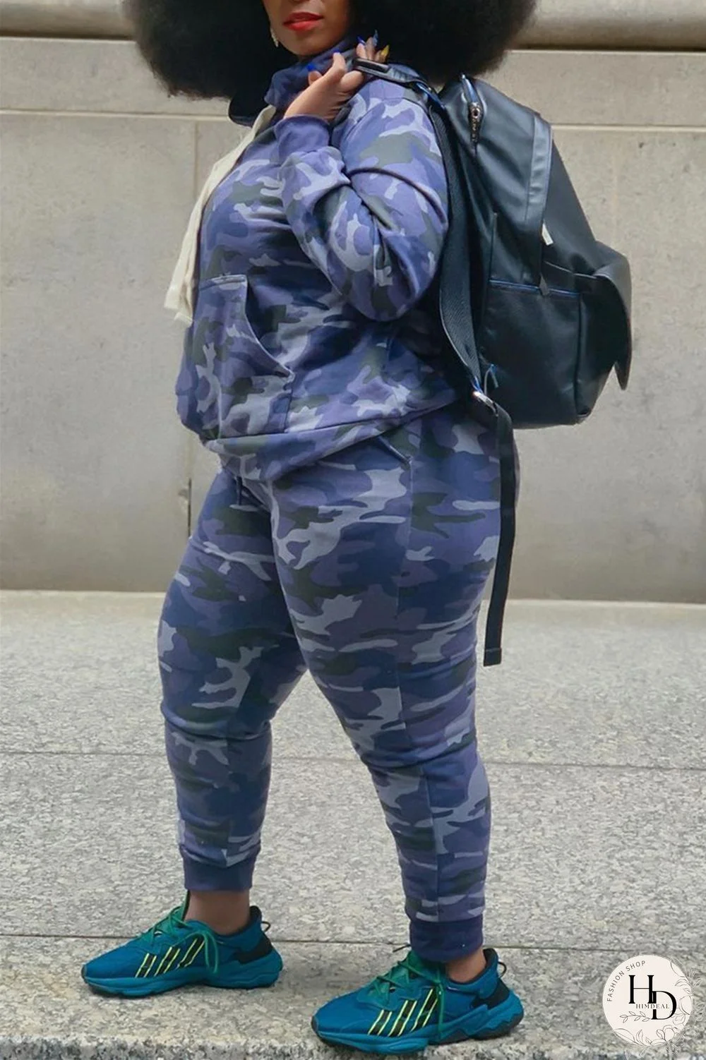 Camouflage Fashion Casual Camouflage Print Basic Hooded Collar Plus Size Set