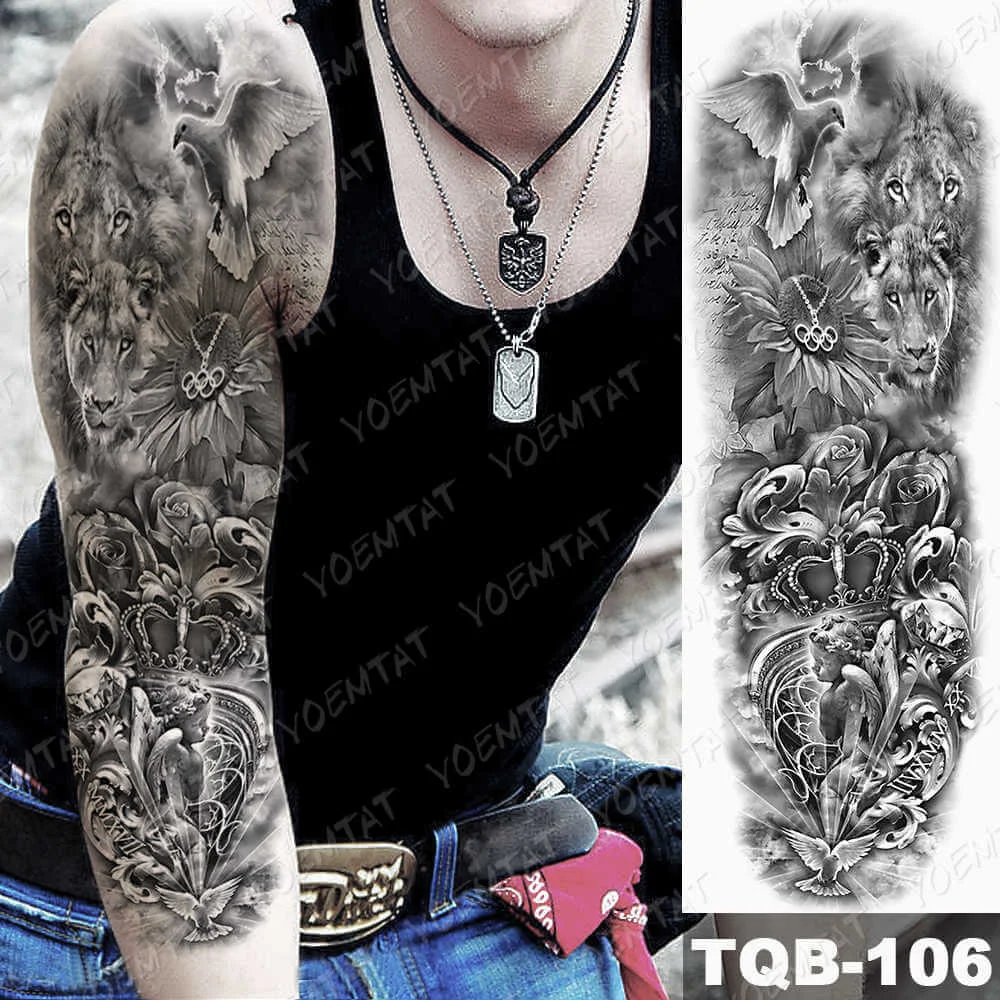 Large Arm Sleeve Tattoo Forest Angel Wolf Lion Waterproof Temporary Tatto Sticker Crown Skull Body Art Full Fake Tatoo Women Men