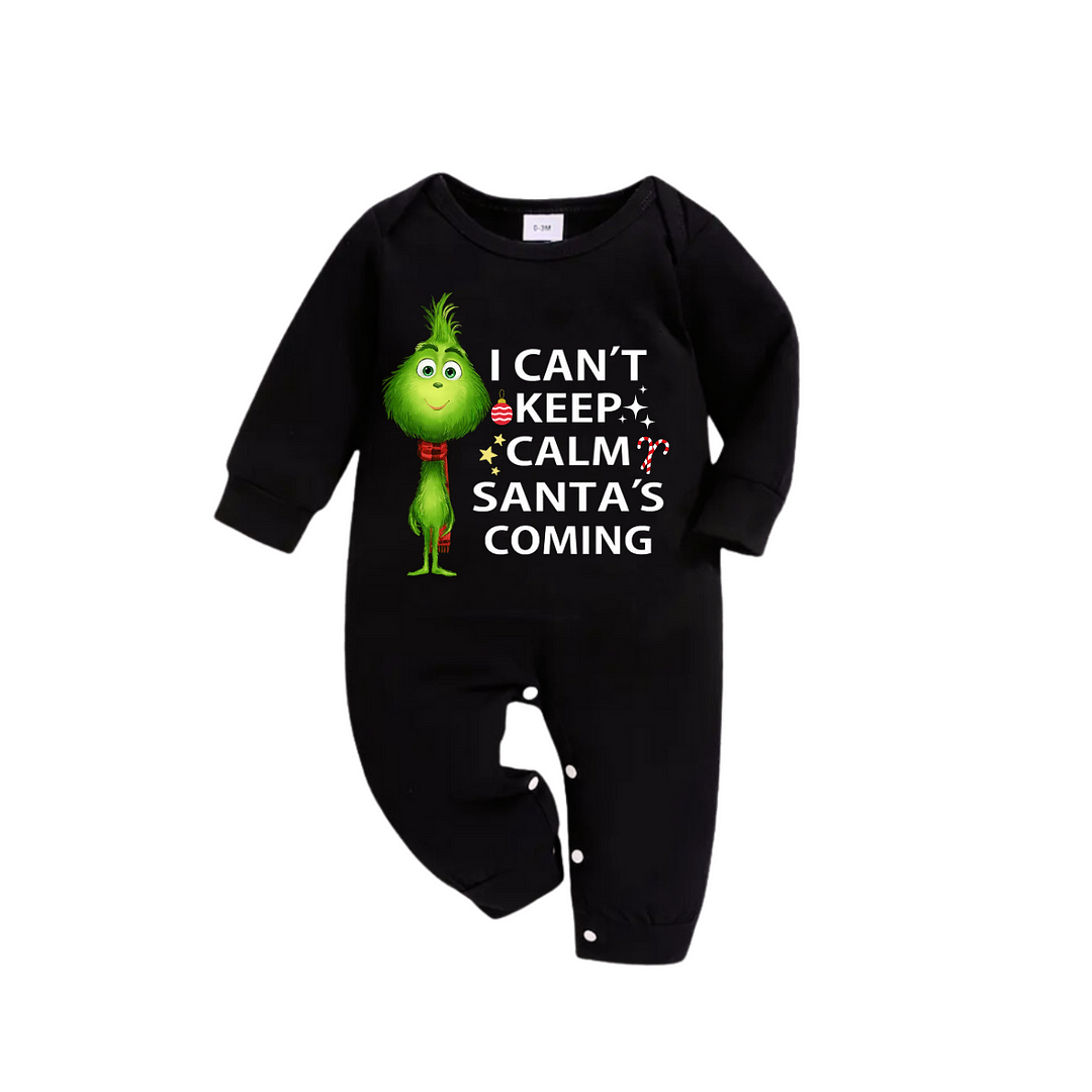"I Can't Keep Calm, Santa's Coming" Slogan Printed Black and Green Plaid Christmas Matching Pajamas