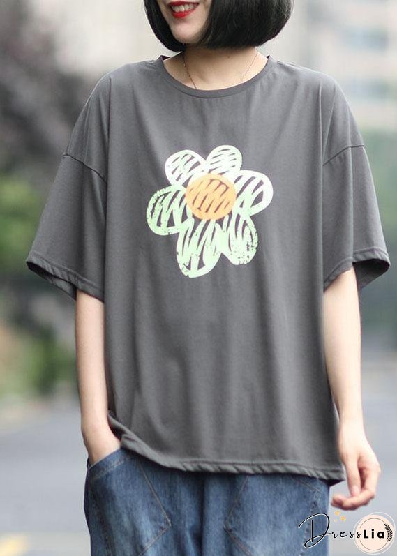 Unique Grey O-Neck Print Summer Cotton Tees