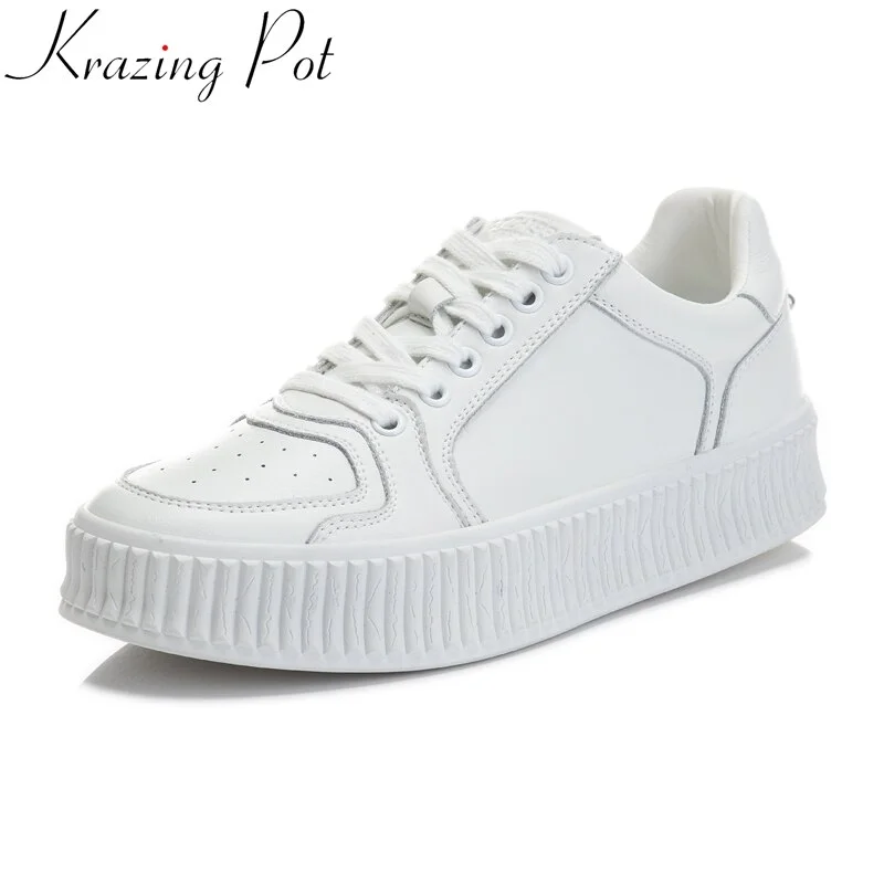 Punklens Pot 2022 Genuine Leather Round Toe Thick Bottom White Sneakers Platform Breathable Lace Up Casual Women Vulcanized Shoes