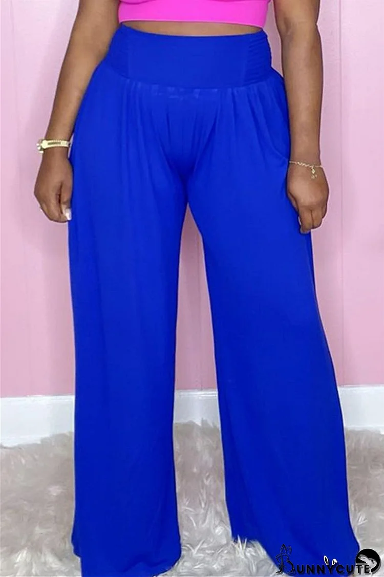 Blue Fashion Casual Solid Basic Regular High Waist Wide Leg Trousers