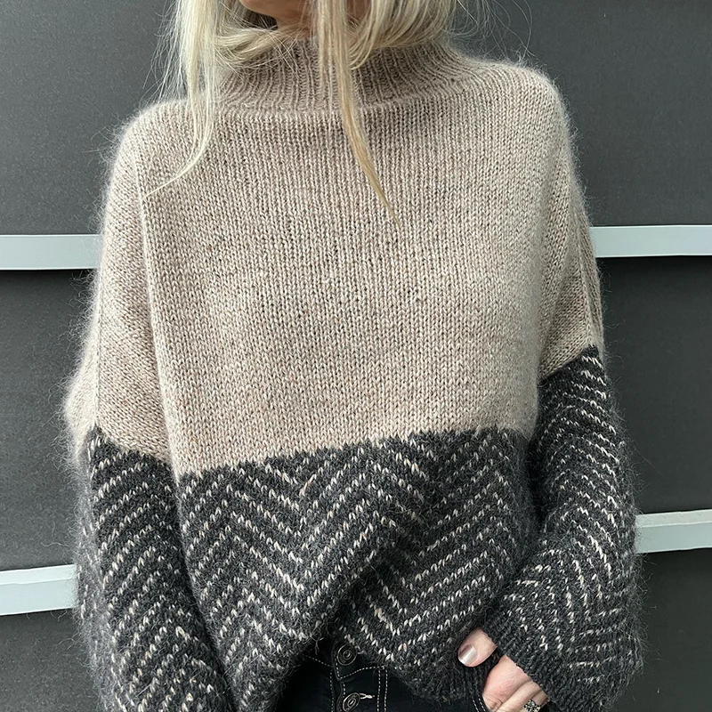 Herringbone Patchwork Solid Color Turtleneck Sweater