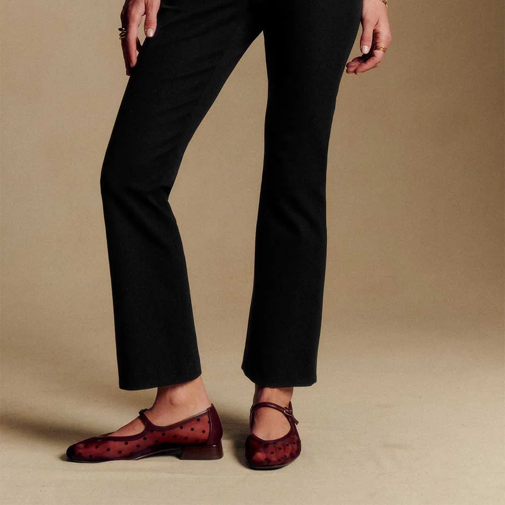 Mesh Square Toe Flat Polka Dot Mary Jane Shoes for Women in Maroon