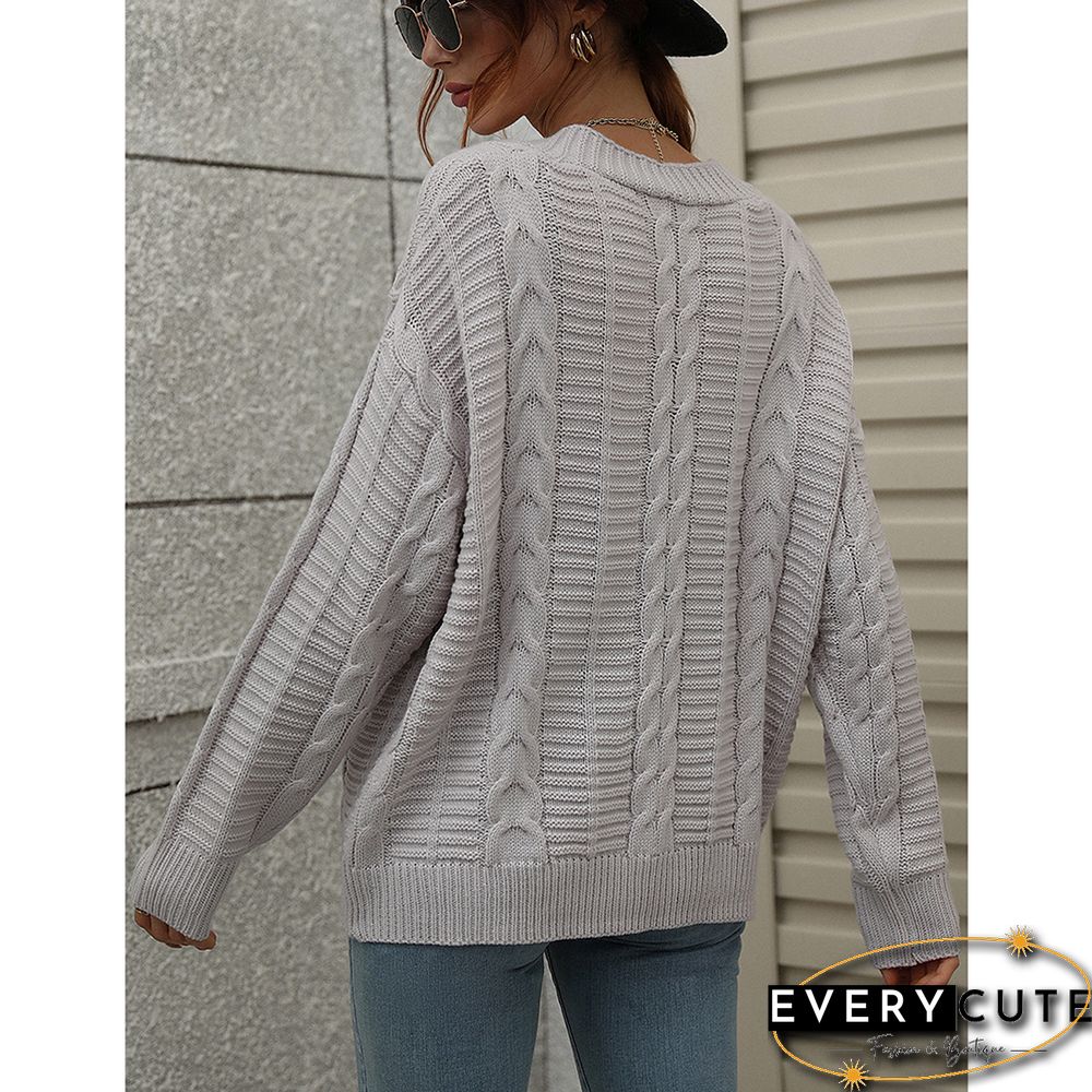 Light Gray Button Loose Cable Knitted Cardigan
