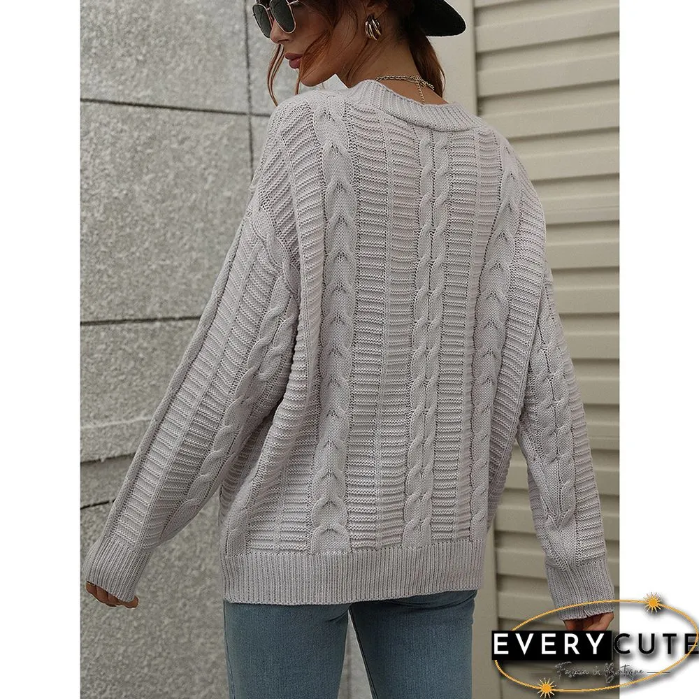 Light Gray Button Loose Cable Knitted Cardigan
