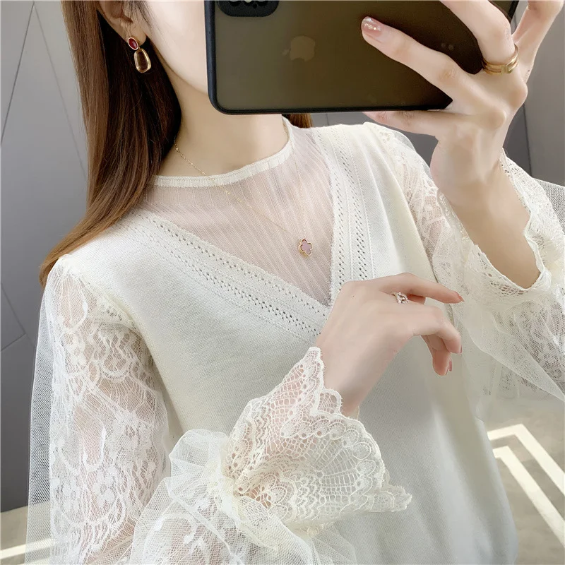 Ueong Ueong Spring Autumn New Sweater Women Inside And Outside The Fashion Jacket Hollow Lace Thin Bottom Shirt Women
