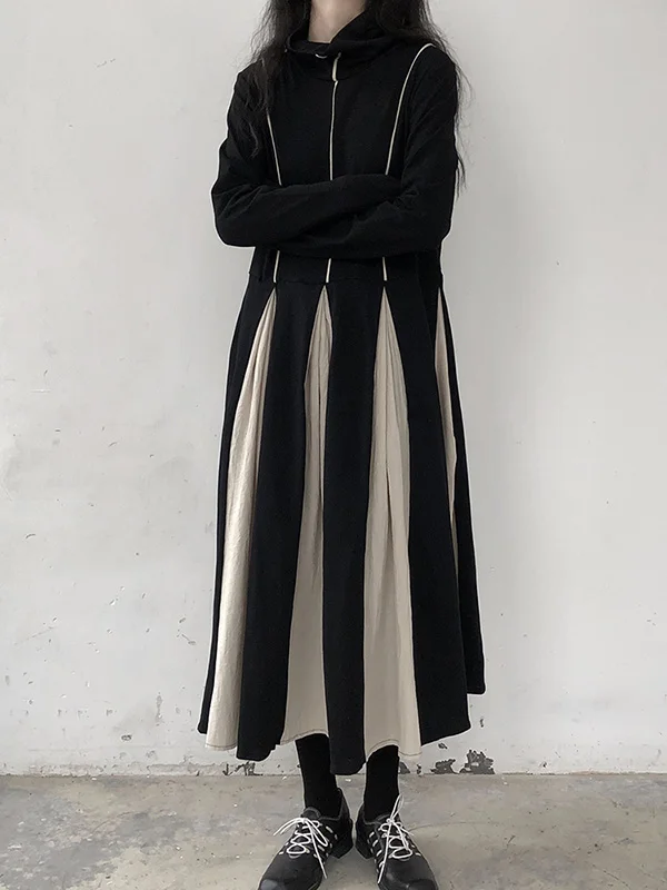 Original Contrast Color Split-Joint High-Neck Midi Dress