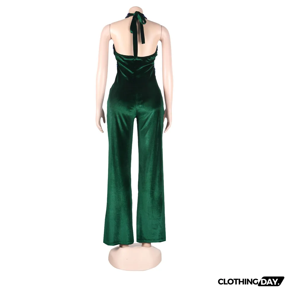 Sexy Sequins Halter Neck Lace-Up Jumpsuit Clubwear