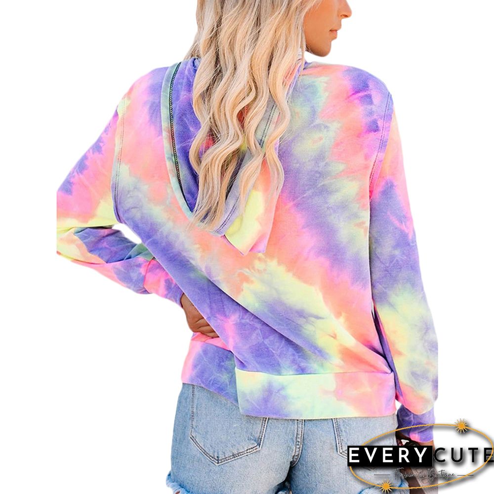 Purple Zip Up Kangaroo Pocket Tie Dye Hoodie