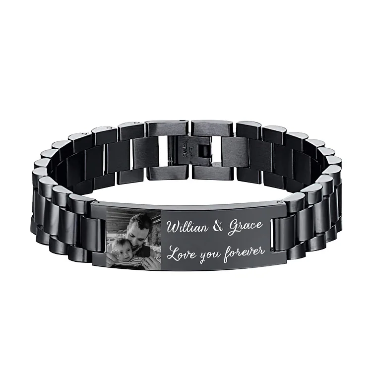 Personalized Men's Bracelet Custom Photo Wristband Initial ID Bar Bangle Gifts For Him