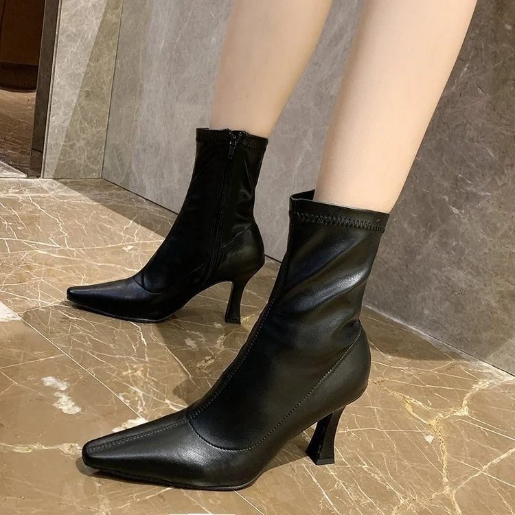 Yyvonne Autumn And Winter Short Boots Women High With Black Pointed Tips And Thin Boots Skin Noodles Small Square Head Fashion Boots