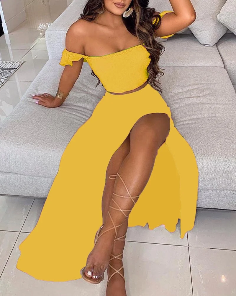 CM.YAYA Women Boho Elegant High Side Split Maxi Long Skirts Suit with Strapless Crop Tops Matching Two 2 Piece Set Outfits 2022