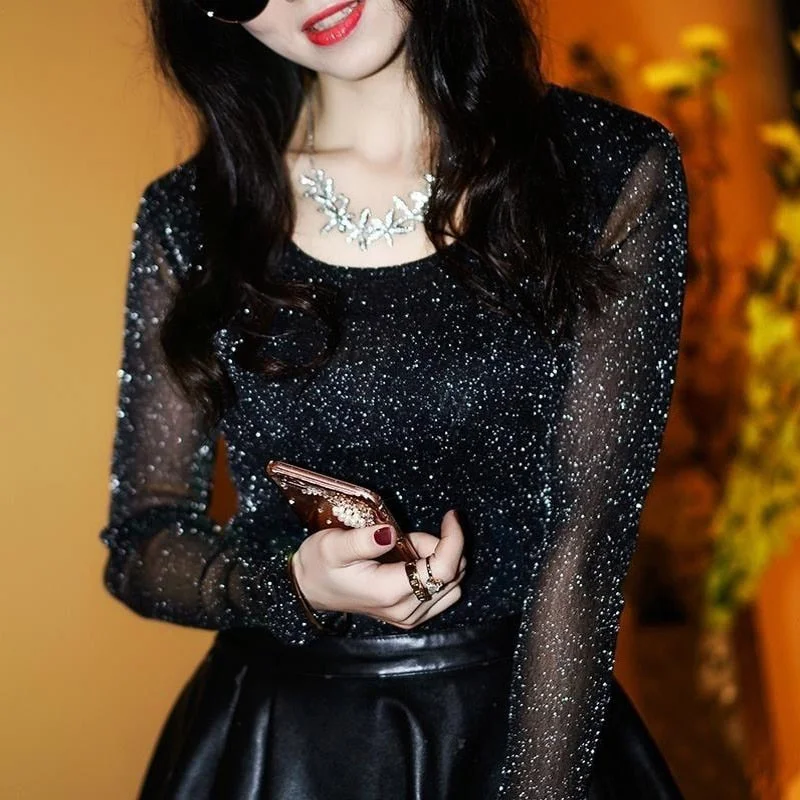 2019 Spring Summer Women's Sexy See Through Mesh Blouse Long Sleeve Transparent Shining Elegant Shirt Fashion Women Tops