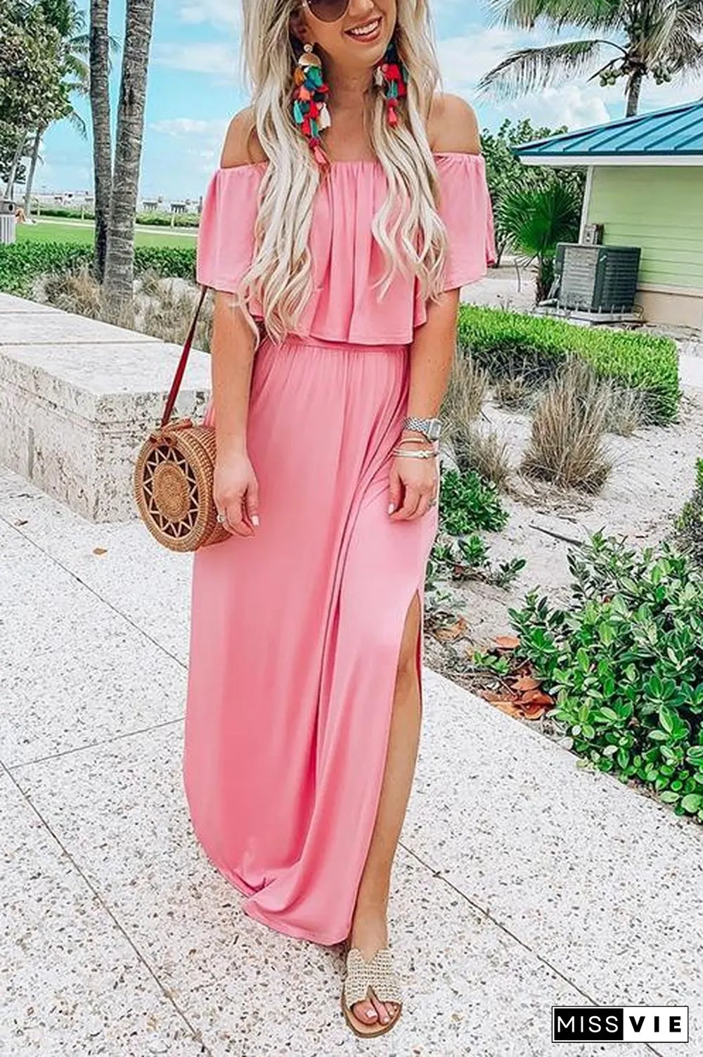 Off Shoulder Side Slit Maxi Dress