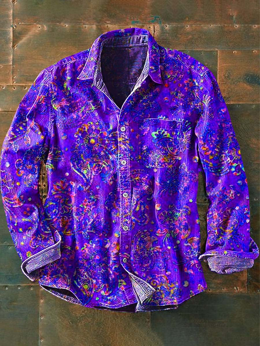 Men's Retro Floral Print Casual Lapel Long Sleeve Shirt
