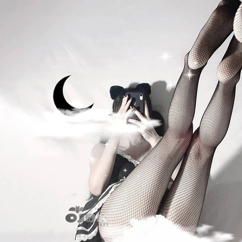 OJBK Sexy Fishnet Pantyhose Mesh Stocking Transparent Slim Party Club Net Holes Black Tights Stocking Small/Middle/Big Mesh
