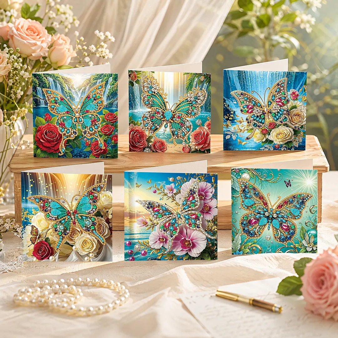 6pcs Jewel Butterfly DIY Diamond Painting Greeting Card Kits with Envelopes Diamond Art Greeting Cards Diamond Art Cards Kits for Adults DIY Crafts Family Friend Gifts